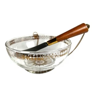 Vintage Georges Briard Bowl con Juego de Cuchillos Vidrio/Dorado/Madera Cadena 5" MCM Estrella - Imagen 1 de 9
