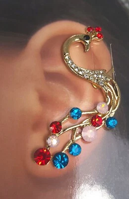 Peacock Red Blue & Pink Crystal Rhinestone Ear Huggie Cuff Climber Pierced Ears - Image 1 of 4