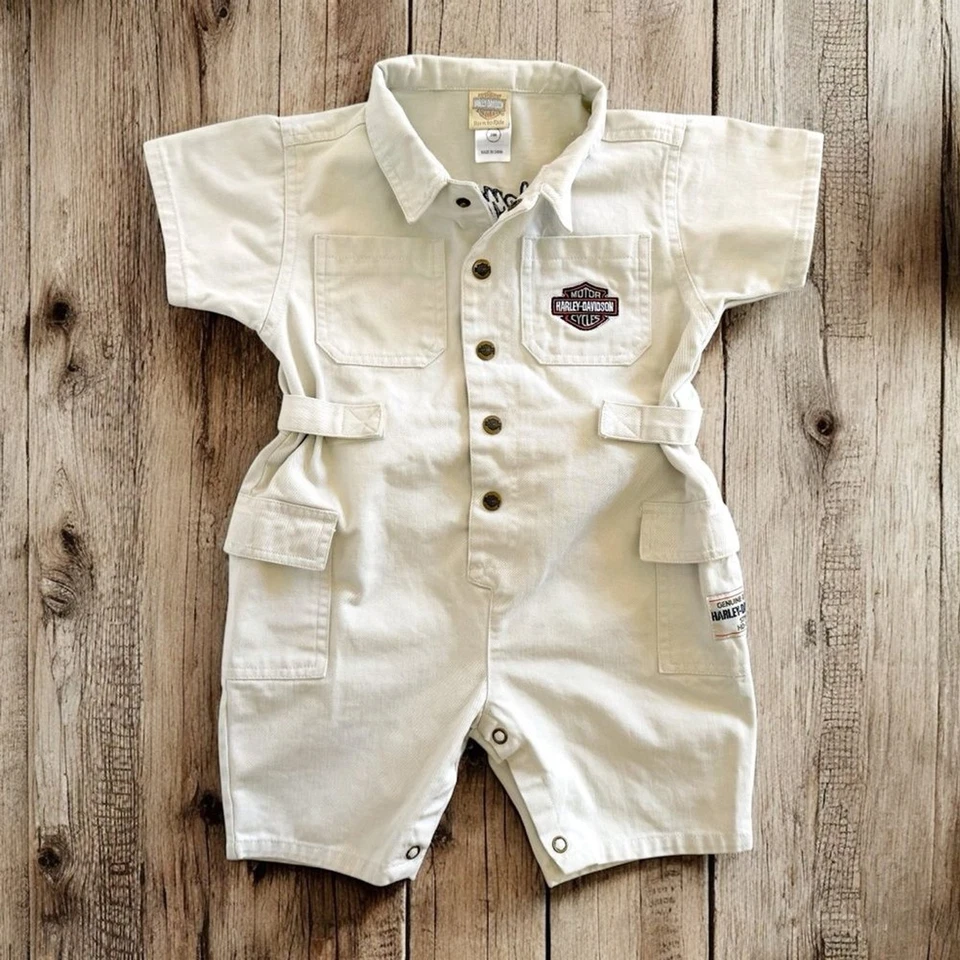 Harley-Davidson Baby 24M Romper Beige Coverall Mechanic Style Embroidered Logo - Image 1 of 4