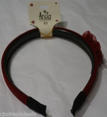 Holiday Hairband 3/4 inch Wide Burgundy Velvet Chiffon Flower Bow Rosebud Center - Image 1 of 4