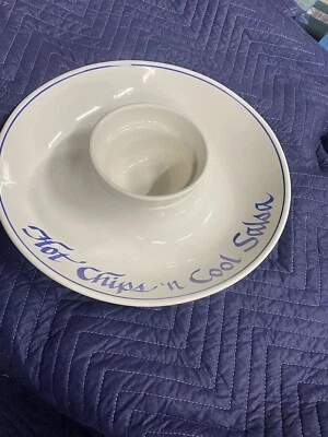 Rare  hot chips ‘n cool salsa serving platter plates clay design  white blue 14” - Image 1 of 4