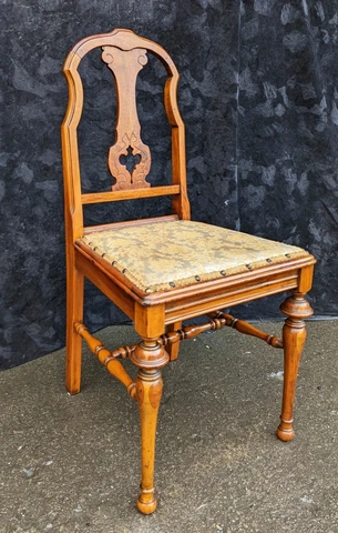 Antique Vintage Old Carved Wood Wooden Side Accent Dining Desk Chair Fabric Seat Cover