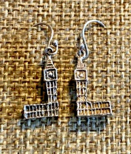 Vintage Estate Sterling Silver UK Big Ben London England Dangle Earrings 1-1/16" - Picture 1 of 8