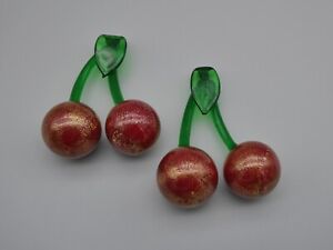 Cherry Pairs with Stem Leaf Art Glass Red Green Handblown Fruit Figurine SET 3"