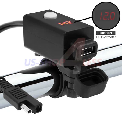 Waterproof Motorcycle SAE to USB Charger Voltmeter Display Cable Adapter Clamp - Image 1 of 4