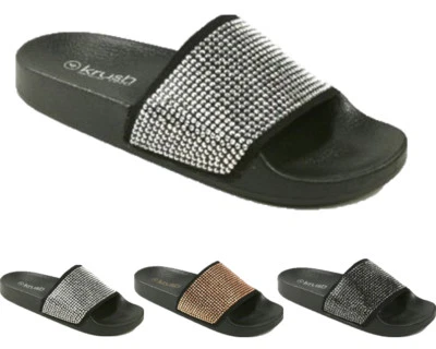 KRUSH New Ladies Womens Slip On Sparkly Diamante Sliders Summer Beach Sandals Shoes Sz