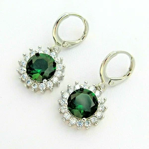 White Gold Plated Round Green Cubic Zirconia Dangle Drop Costume Earrings Gift - Picture 1 of 10