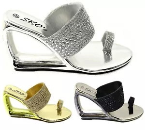 LADIES TOE POST WEDGE SANDALS WOMENS HIGH HEELS FANCY EVENING PARTY SHOES SIZE - Picture 1 of 5