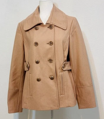 Casaco feminino Nine West tamanho 16 bege ervilha mistura de lã bolsos com peito duplo - Imagem 1 de 4