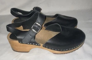 Mia Sofia Black Leather Mary Jane Clog Shoes Chunky Wood Heels Size 40 Sweden - Picture 1 of 4