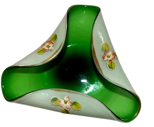 VTG Green and White glass trinket dish hand painted flowers - Picture 1 of 12