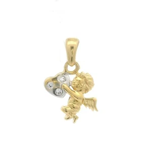 14k Yellow & White Gold Zircon Cherub Angel Holding Heart Charm Pendant - Picture 1 of 4