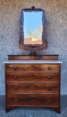 Mahogany Marble Top 6 Drawer Dresser With Kidney Mirror - Image 1 of 4