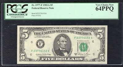FR. 1977-F 1981-A $5 FRN FEDERAL RESERVE NOTE ATLANTA, GA PCGS CHOICE UNC-64PPQ - Image 1 of 2