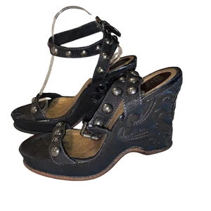 Anna Sui Black Strappy Applique Wedge Studded Wrap Heel Sandal Shoes 8.5M IT39 - Picture 1 of 10
