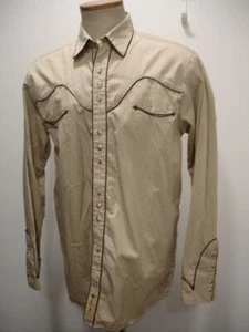 Mens S Vtg 1970's Larry Mahan Western Pearl Snap Shirt Tan Smiley Pockets Cotton - Picture 1 of 15