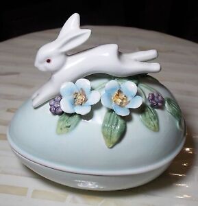 1982 Fitz & Floyd Egg Bunny Trinket Jar Porcelain Flowers Easter