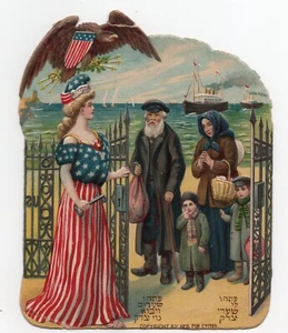 vecchia pubblicazione ebraica Judaica premio NY DIE CUT Litho America Welcome Refugees - Foto 1 di 5