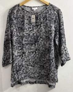 Pure Jill Medium Cotton Top Floral 3/4 Sleeve Boxy Fit Gauze Lightweight NWT - Picture 1 of 9