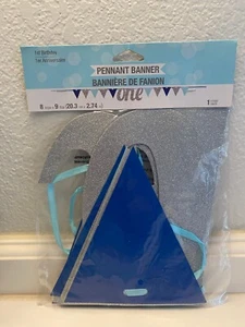 Blue/Silver 1st Birthday Party Boy Pennant Banner 8" x 9ft - Picture 1 of 2