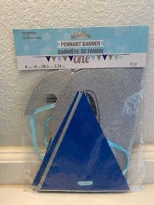 Blue/Silver 1st Birthday Party Boy Pennant Banner 8" x 9ft - Image 1 of 2