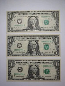3 $1 1988 & 2003 Matching Low Serial Numbers Federal Reserve Bank Notes Repeater - Picture 1 of 5