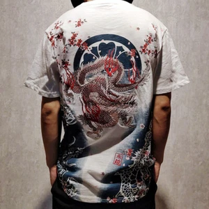 Mens Summer Short Sleeve T-Shirt Japanese Pattern Embroidery Dragon Flame Flower - Picture 1 of 19