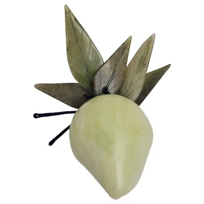 Jade Pear Vintage Fruit Carved Stone With Brown Leaves Blue Stem  Paperweight - Image 1 of 4