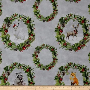 Christmas Fabric - Friendly Gathering Forest Animal Wreath Gray Wilmington YARD - Picture 1 of 1