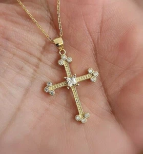 Collar Colgante Cruz 1/2 Ct Diamante Simulado Acabado Oro Amarillo 14K Mujeres Hombres - Imagen 1 de 9