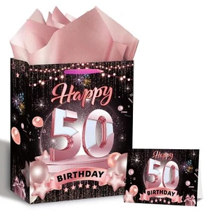 Rose Gold 50th Birthday Gift Bag with Card and Tissue Paper Large 50th Birthd... - Picture 1 of 7