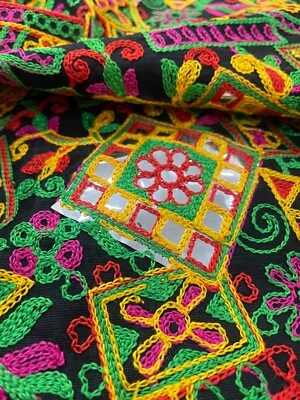 B100% Cotton Fabric Indian Ethnic Faux Mirror Rajasthani Embroidery Rangoli Boho - Image 1 of 4