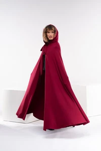Medieval Red Cloak, Long Plus Size Cape, Wool Witch Cloak, Witchy Clothing, Hood - Picture 1 of 8