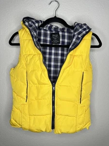 Zara TRF Vest Womens Small Yellow Quilted Puffer Hooded Plaid Lining Zip Pockets - Picture 1 of 7