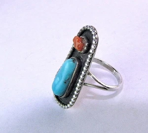 Old Pawn Ring Turquoise Coral Vintage Sterling Silver Size 6 Band Southwestern - Picture 1 of 5