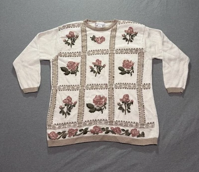 Milano Sweater Women L Retro Embroidered Floral Flower Rose Grandma Lounge White - Image 1 of 4