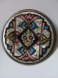 Colorful Copper Round Tray 7.5 In. Etched Painted - Picture 1 of 7