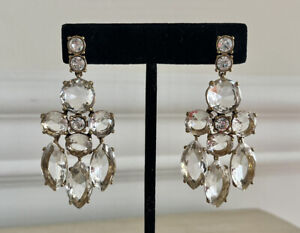 J Crew Glass Clear Crystal Stone Faceted Chandelier Gold Drop Statement Earrings