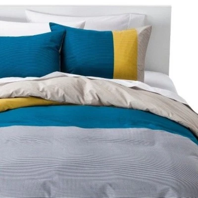 Juego de funda nórdica Room Essentials a rayas F/Q gris azulado amarillo #70158 Foto 1 de 4