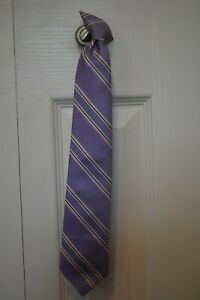 Boys clip-on tie, 15", purple with pink & black stripes - Good condition