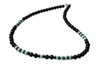 Black Onyx Turquoise Necklace Hematite 925 Sterling Silver Clasp Handmade Gift — 第 1/4 张图片