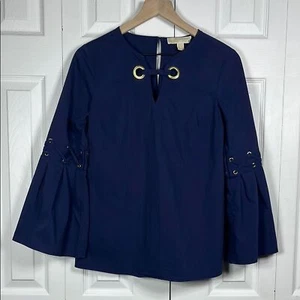 Michael Michael Kors Navy Blue Blouse Top Size XS Long Bell Sleeve Gold Grommets - Picture 1 of 8