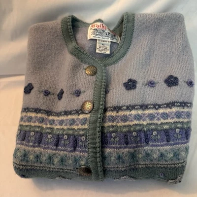 VTG Tally Ho Wool Cardigan Sweater Fair Isle Floral Women's PS Lavender/Sage EUC - Image 1 of 4