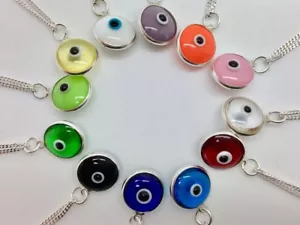 925 Sterling Silver Evil Eye Greek Mati Turkish Nazar Pendant Charm Double Side - Picture 1 of 14