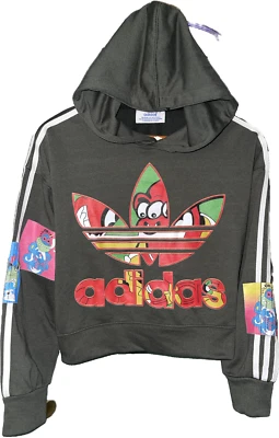 ADIDAS Originals Jeremy Scott Gray White 3 Stripes Hoodie Cropped Pullover Sz L - Image 1 of 4