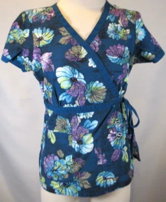 Womens KoI Scrub Top Blue Floral Daisy S Small Side Tie - Image 1 of 4