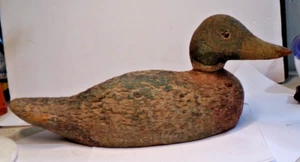 Vintage Primitive Carved WOODEN DUCK DECOY Ridged GLASS EYES Rough Finish 14.5" - Picture 1 of 9