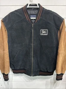 Vtg John Deere Leather Suede Letterman Varstiy Tractor Farm Work Jacket Mens XL - Picture 1 of 5