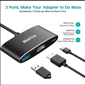 NiaoChao USB C-4K HDMI Multiport Adapter 3-in-1 Type C Hub w/USB 3.0 FREE SHIPb - Picture 1 of 5