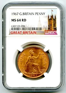 1967 GREAT BRITAIN BRITANNIA PENNY NGC MS64 RD LARGE COPPER QUEEN ELIZABETH - Picture 1 of 2